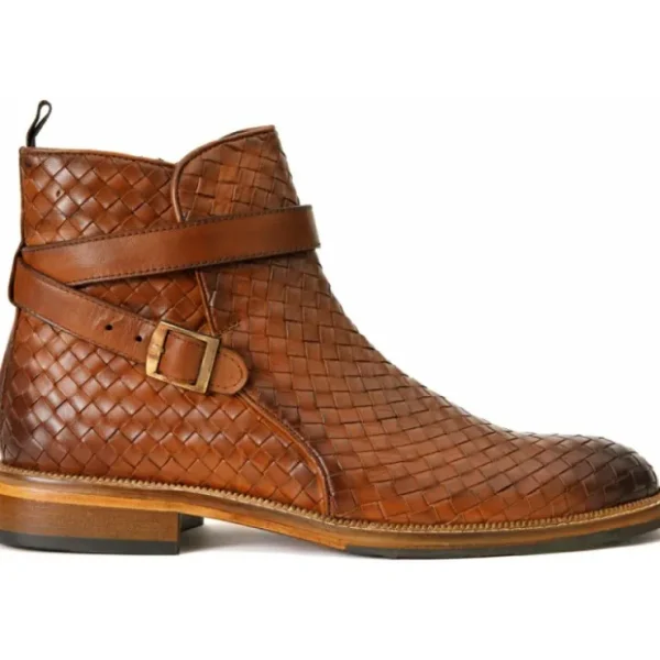 New Vinci Leather Shoes Vinci Leather The Morral Handwoven Leather Cross Strap Buckle Zip-up Boot (14552 T-2) Brown