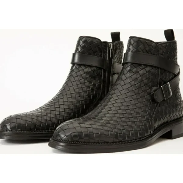 Flash Sale Vinci Leather Shoes Vinci Leather The Morral Handwoven Leather Cross Strap Buckle Zip-up Boot (14552 S) Black