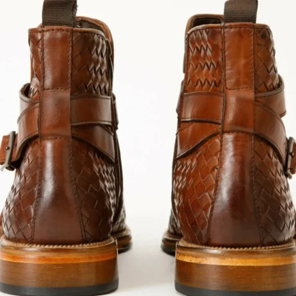 New Vinci Leather Shoes Vinci Leather The Morral Handwoven Leather Cross Strap Buckle Zip-up Boot (14552 T-2) Brown