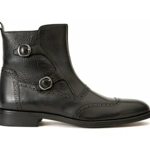 Online Vinci Leather Shoes Vinci Leather The Rand Leather Double Buckle Brogue Boot With A Zipper (14560 S-2) Black