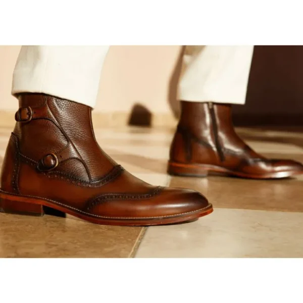 New Vinci Leather Shoes Vinci Leather The Rand Leather Double Buckle Brogue Boot With A Zipper (14560 T-2) Brown