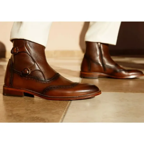 New Vinci Leather Shoes Vinci Leather The Rand Leather Double Buckle Brogue Boot With A Zipper (14560 T-2) Brown