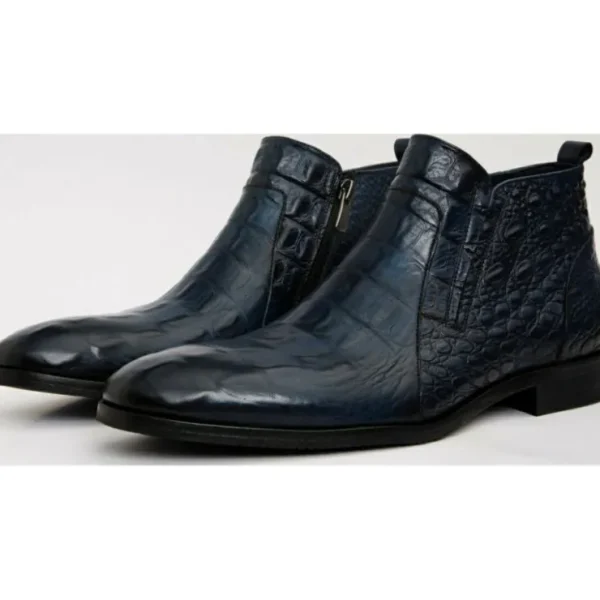 Clearance Vinci Leather Shoes Vinci Leather The Randor Leather Side-zip Dress Ankle Boot (D-912) Navy