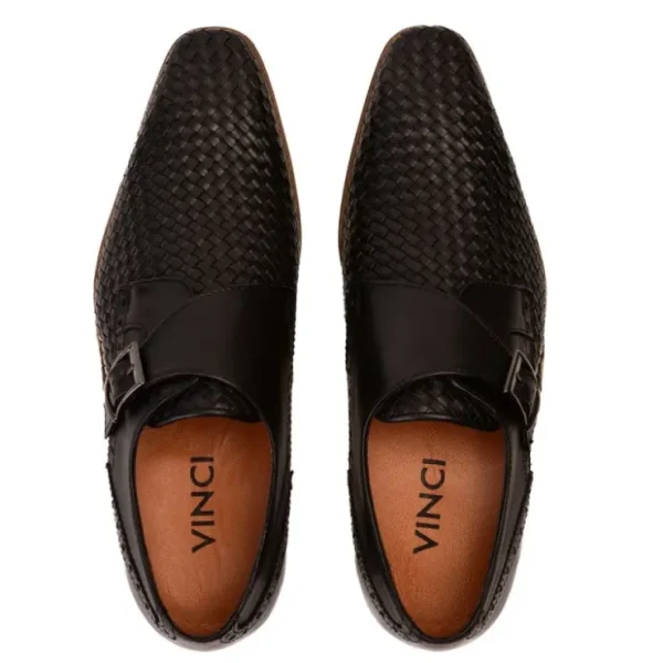 Sale Vinci Leather Shoes Vinci Leather The Rolls Woven Single Monk Strap Dress Shoe Black