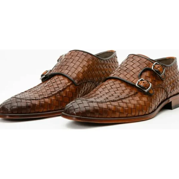 Clearance Vinci Leather Shoes Vinci Leather The Turan Woven Double Monk Strap Dress Shoe Brown