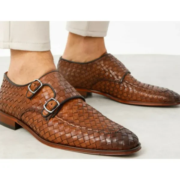 Clearance Vinci Leather Shoes Vinci Leather The Turan Woven Double Monk Strap Dress Shoe Brown