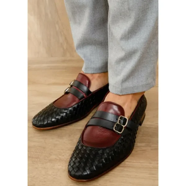 Online Vinci Leather Shoes Vinci Leather The Vatra Woven Double Monk Strap Shoe Black