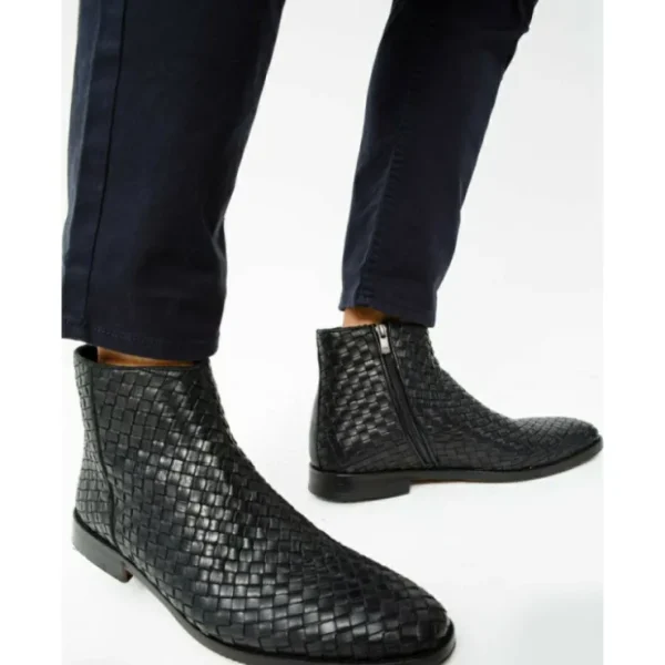 Best Sale Vinci Leather Shoes Vinci Leather The Wellington Handwoven Leather Boot With A Zipper (12721 S-5) Black