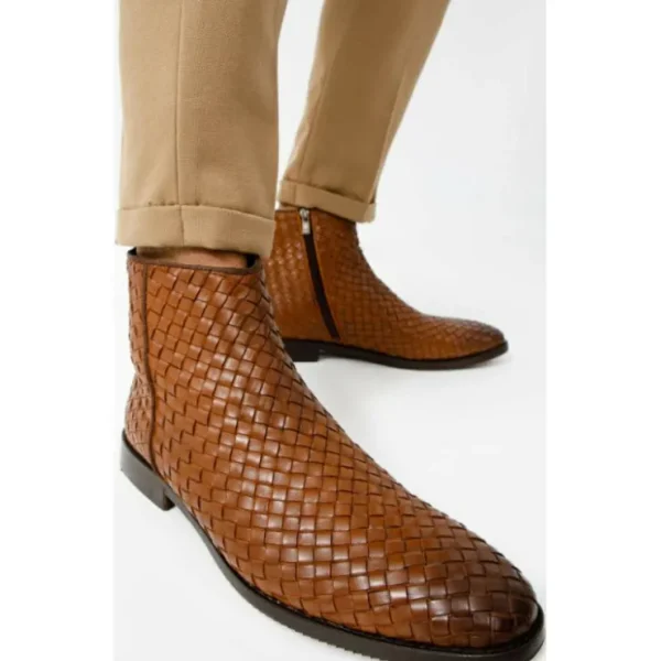 Store Vinci Leather Shoes Vinci Leather The Wellington Handwoven Leather Boot With A Zipper (12721 T-5) Brown