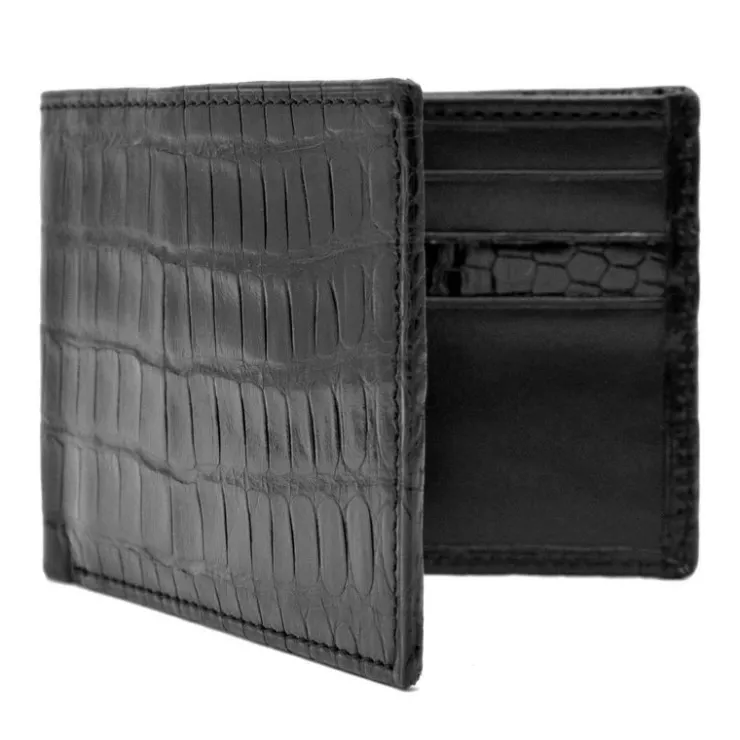 Cheap Zelli Caiman Crocodile Bi-Fold Wallet Black