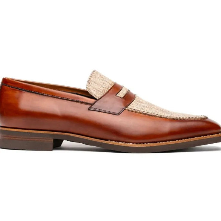 Online Zelli Lago Italian Calfskin & Linen Penny Loafers (15-733-CGN) Cognac