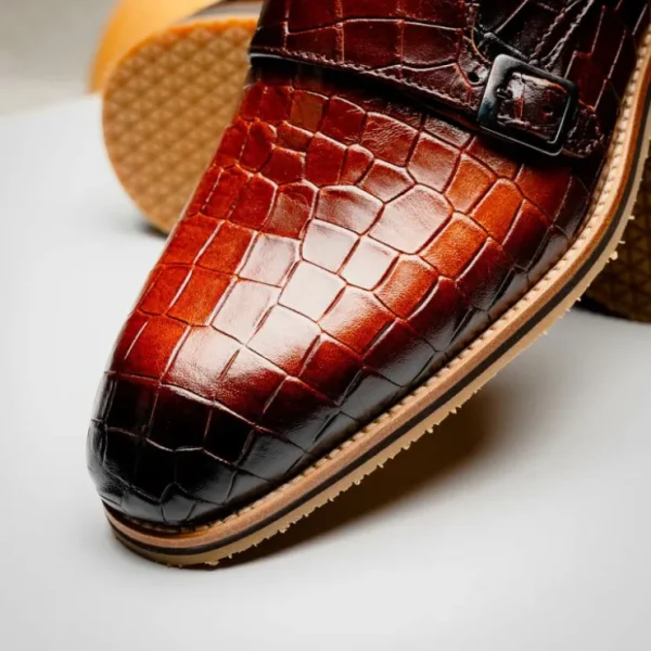 zelli_legerra_hand_burnis_11-1.webp Sale Zelli Legerra Hand Burnished Crocodile Print Monk Strap (55-112-CGN) Cognac