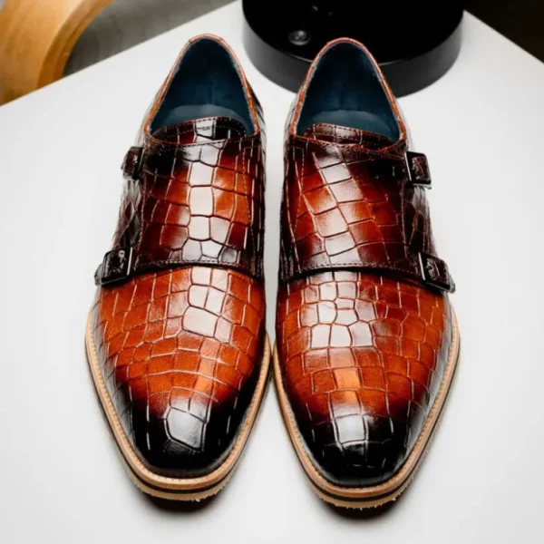 zelli_legerra_hand_burnis_12-1.webp Sale Zelli Legerra Hand Burnished Crocodile Print Monk Strap (55-112-CGN) Cognac
