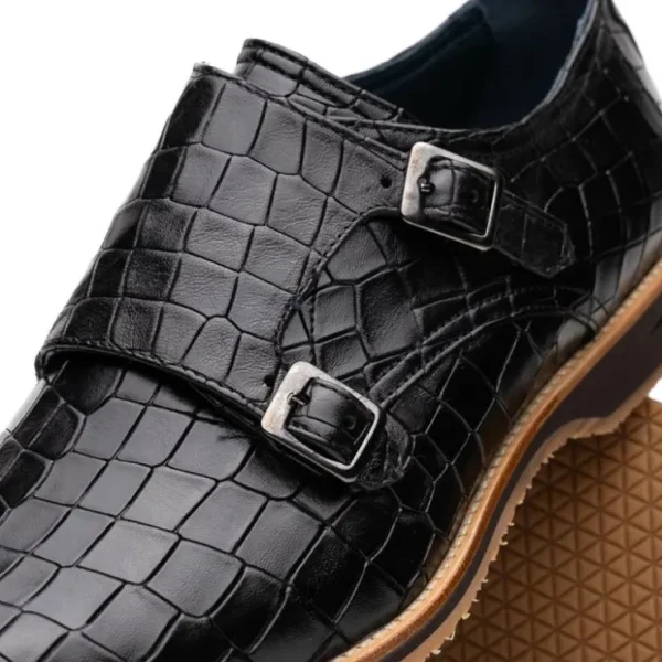 Fashion Zelli Legerra Hand Burnished Crocodile Print Monk Strap (55-112-BLK) Black