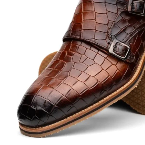 zelli_legerra_hand_burnis_3-1.webp Sale Zelli Legerra Hand Burnished Crocodile Print Monk Strap (55-112-CGN) Cognac