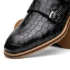 Fashion Zelli Legerra Hand Burnished Crocodile Print Monk Strap (55-112-BLK) Black