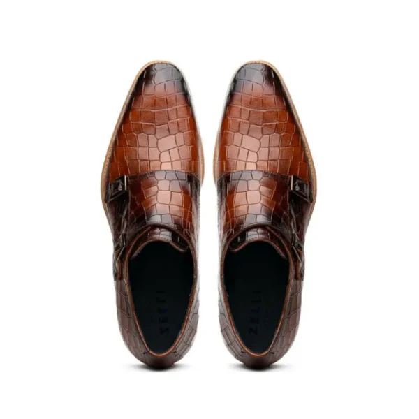 zelli_legerra_hand_burnis_4-1.webp Sale Zelli Legerra Hand Burnished Crocodile Print Monk Strap (55-112-CGN) Cognac