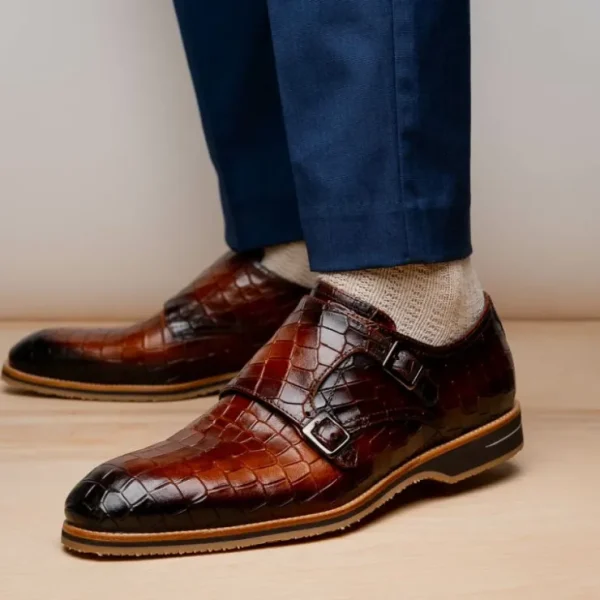 zelli_legerra_hand_burnis_6-1.webp Sale Zelli Legerra Hand Burnished Crocodile Print Monk Strap (55-112-CGN) Cognac