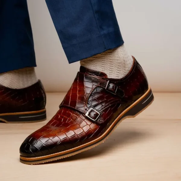 zelli_legerra_hand_burnis_7-1.webp Sale Zelli Legerra Hand Burnished Crocodile Print Monk Strap (55-112-CGN) Cognac