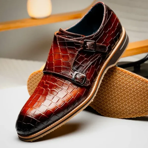zelli_legerra_hand_burnis_9-1.webp Sale Zelli Legerra Hand Burnished Crocodile Print Monk Strap (55-112-CGN) Cognac