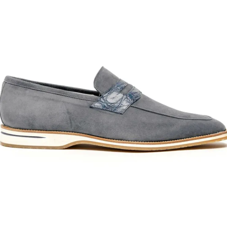 Shop Zelli Meo 3 Suede & Crocodile Loafers (11-020-GRY) Gray