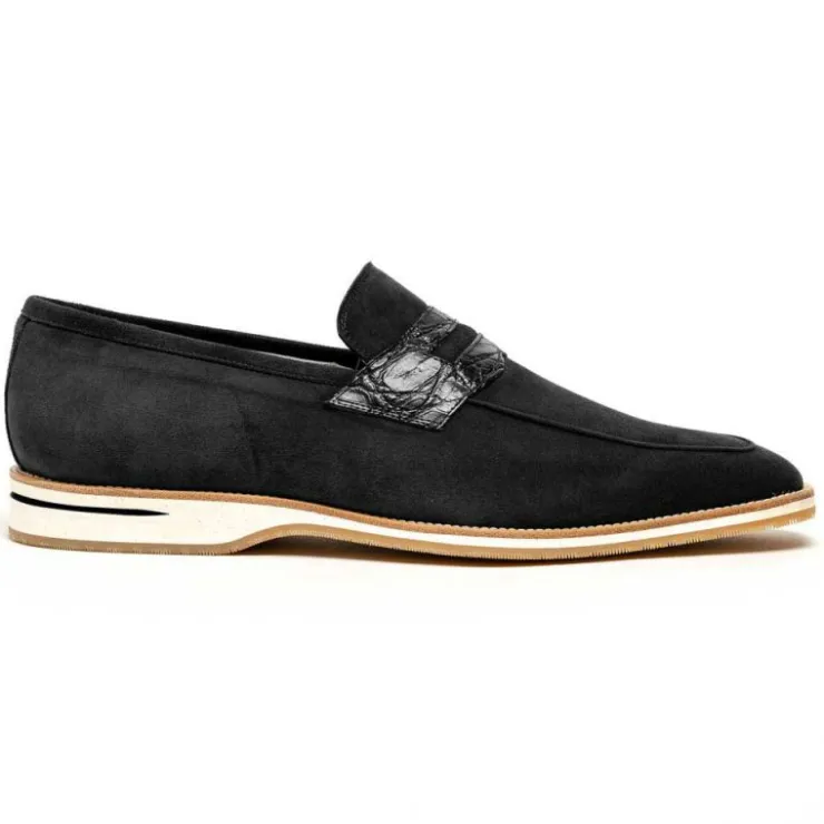 Shop Zelli Meo 3 Suede Goatskin / Crocodile Loafers (11-020-BLK) Black