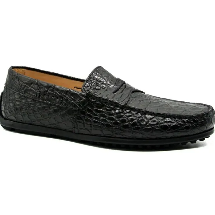 New Zelli Monza Caiman Crocodile Driving Loafers (31-103-BLK) Black