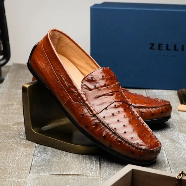 Cheap Zelli Monza Ostrich Quill Driving Loafers (33-100-BDY) Brandy