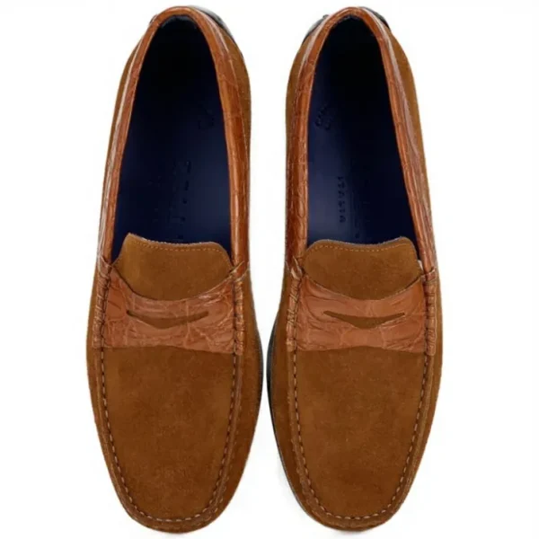 Sale Zelli Monza Suede & Crocodile Driving Shoes (31-160-CGN) Cognac