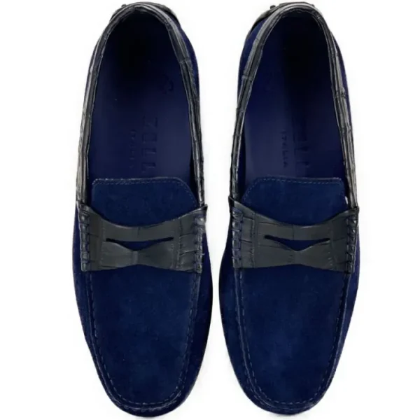 Outlet Zelli Monza Suede & Crocodile Driving Shoes (31-160-NVY) Navy