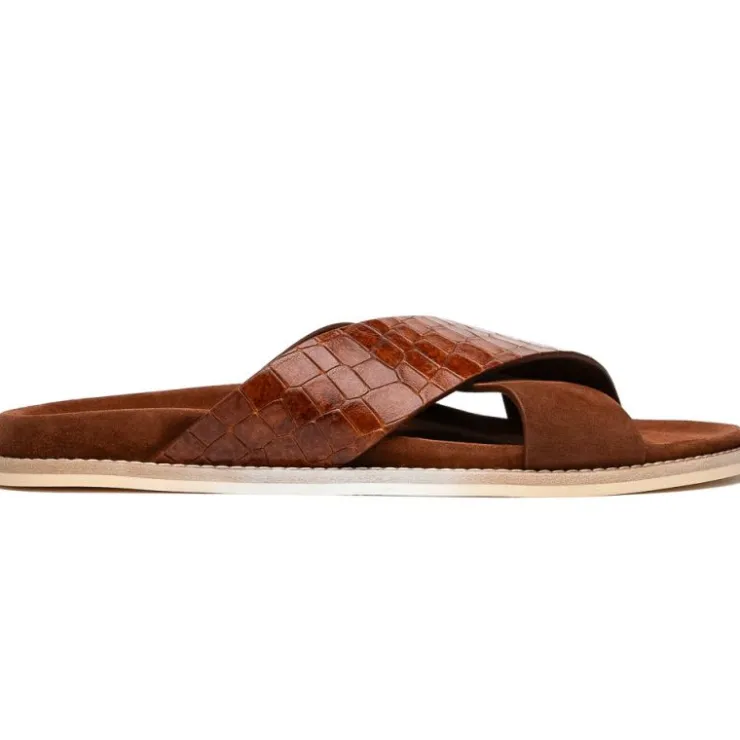 Hot Zelli Rena Sueded Italian Goatskin & Croc Slide (06-101-CGN) Cognac