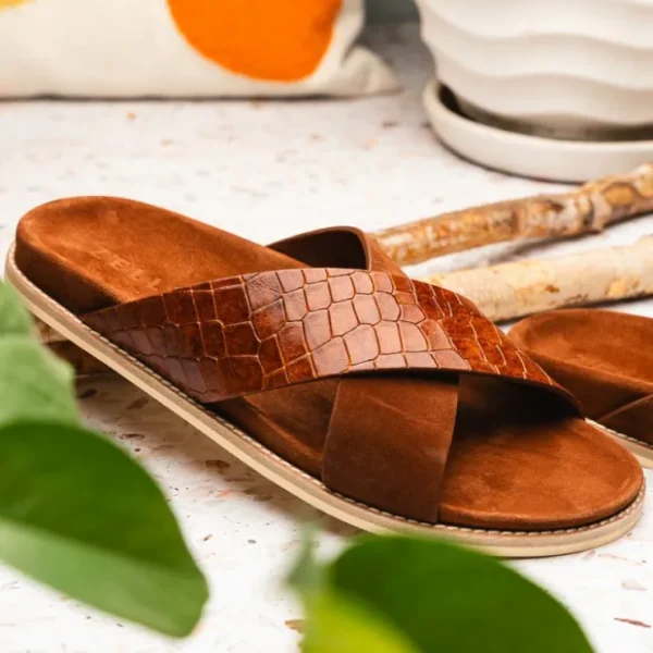 Hot Zelli Rena Sueded Italian Goatskin & Croc Slide (06-101-CGN) Cognac