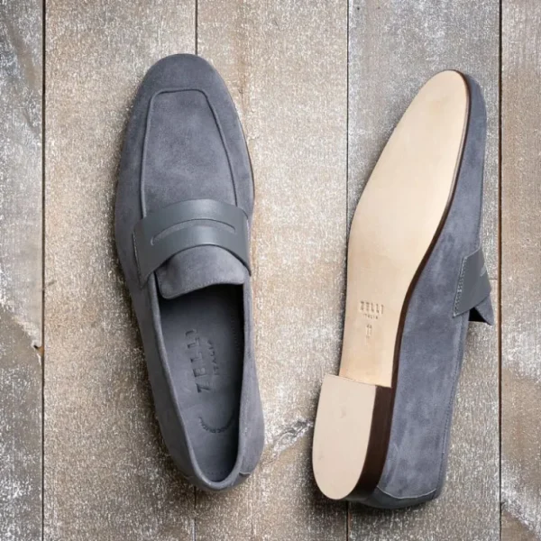 zelli_tippa_suede__calfsk_8.webp Best Zelli Tippa Suede / Calfskin Penny Loafers (16-672-GRY) Grey